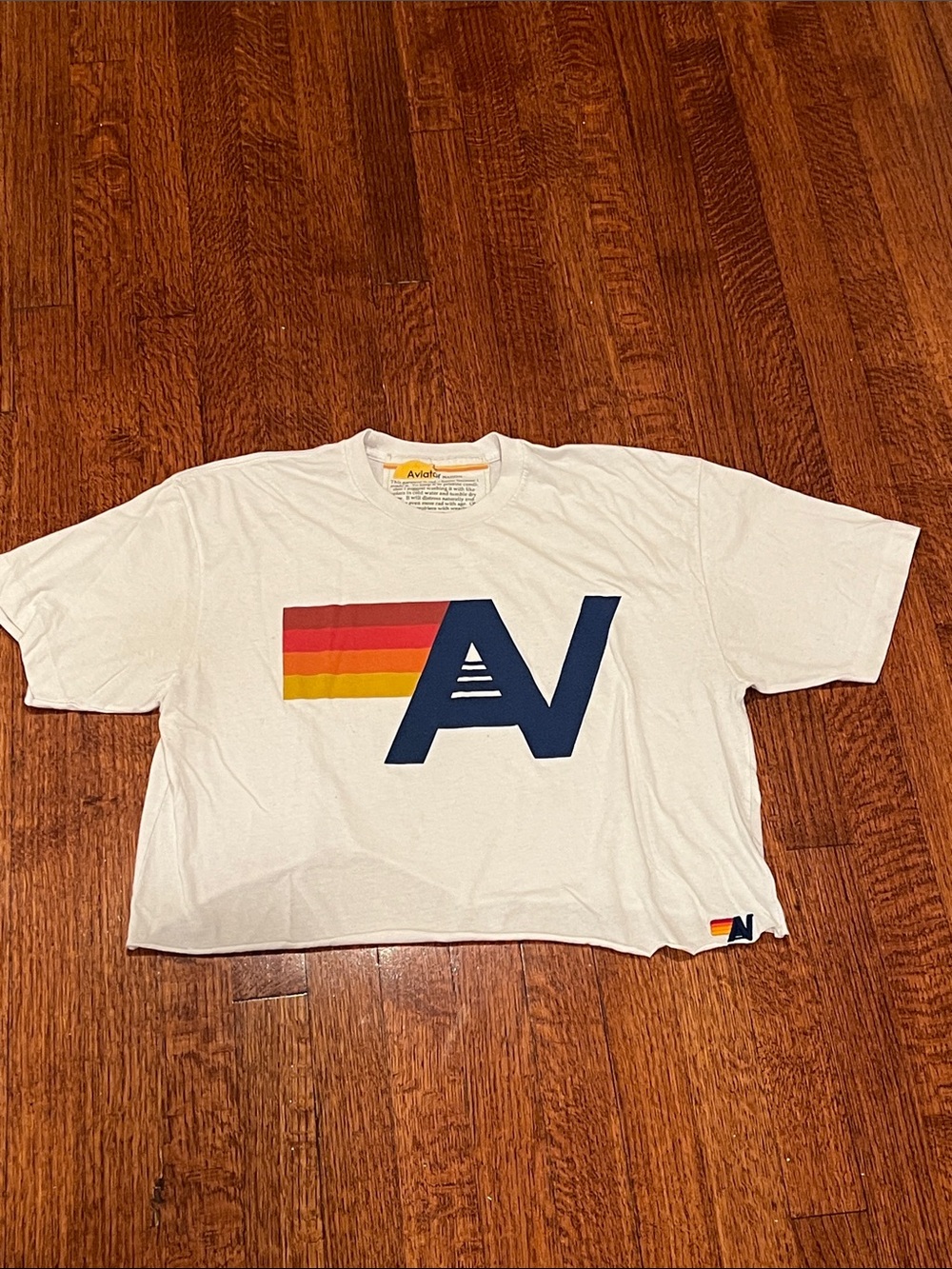 Aviator Nation White Tee with Navy Logo and Sunset Stripes